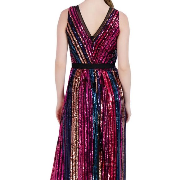Julia Jordan Rainbow Sequin Stripe Fit & Flare Cocktail Dress - Picture 9 of 10